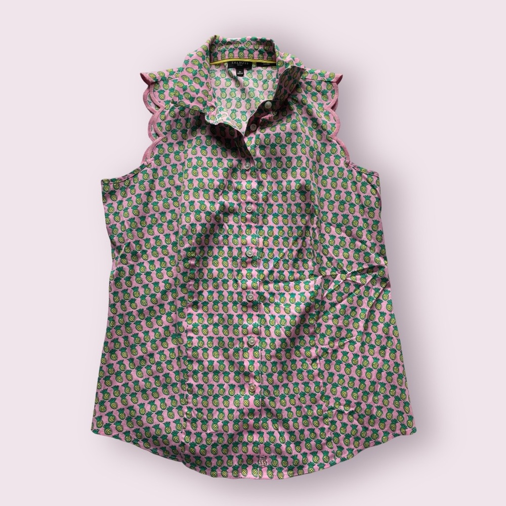 Talbots Dancing Pineapples Scalloped Sleeveless Shirt Blouse for Women Size 2P